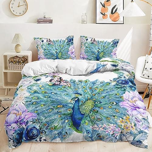 Image of HAVOP Peacock Duvet Cover Set Double Size 3D Bedding Set Spread Tail Peacock With Flowers Print Comforter Cover Kids And Adults Bedroom Decor