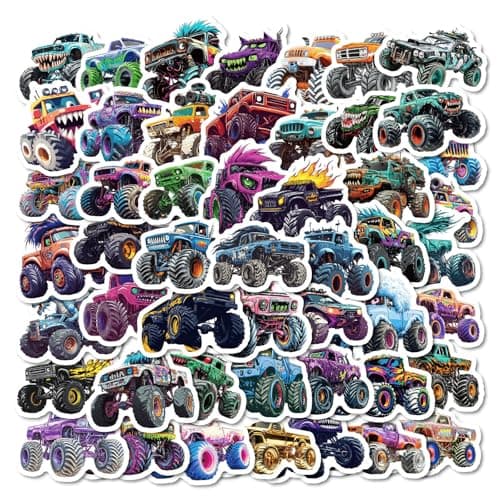 Image of Monster Truck Scrapbook Stickers 50pcs Big Wheel Off Road Truck Designs for Laptops Bottles Helmets Skateboards Car Theme Pack for Teens Adults DIY Decoration Craft Use