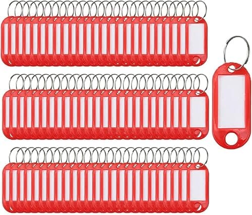 Image of Key Tags with Split Ring, 100 Pack, of one Colour, Plastic ID Labels, 5 cm x 2.2 cm (100 Red)