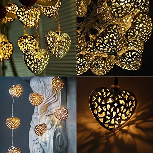 Image of 20x Metal Moroccan Warm White LED Heart Fairy String Lights Battery Operated, Indoor/Outdoor Bedroom Kitchen Hallway Garden Lighting (20 LED Silver)