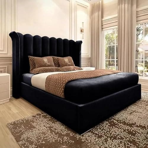 Image of AL SULTAN 5FT King Winged Bed Frame With 48" Wingback Headboard And Mattress Upholstered In Plush Velvet Black Bed Wooden Slats - No Storage (Black Plush, 5FT King With Mattress - No Storage)
