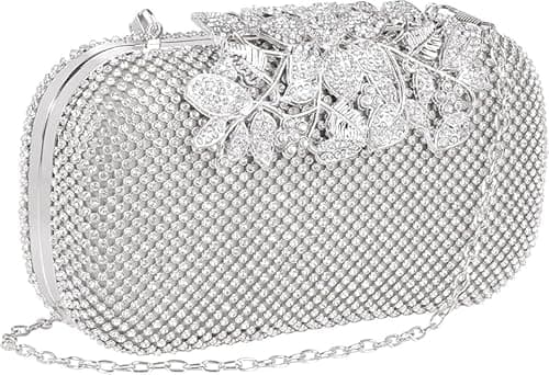 Image of Osmosis Womens Crystal Diamond Evening Bag with Detachable Chain Chic Leaves Clasp Clutch Diamante Clutch bag Ladies Sparkly Rhinestone Purse Wallet Hand Bag Party Bridal Prom Wedding