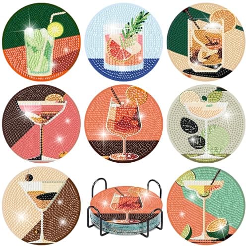 Image of BEAYIOU 8 Pcs 5D Diamond Painting Coasters Kits with Holder,Diamond Art Coasters Set for Drinks Coffee Table for Beginners Adults Decors (Cocktail)