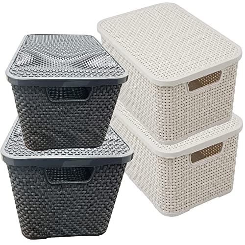 Image of STORM TRADING GROUP Rattan Effect Storage Baskets Cream & Grey With Lids Ideal For Bathroom, Kitchen, Laundry Room, Home & Office Storage Box (2 Baskets, Cream)