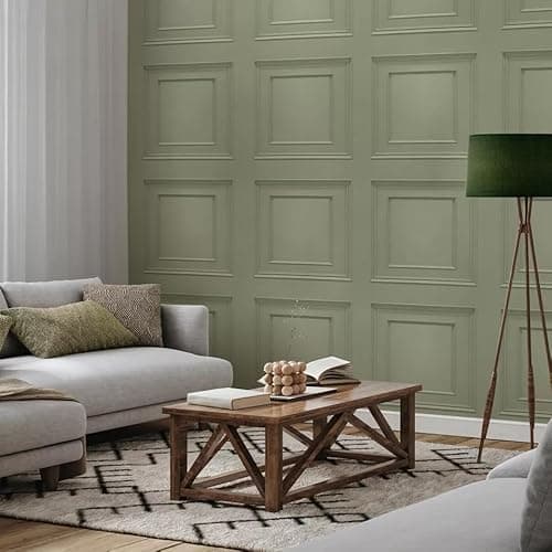 Image of SOPHIE LAURENCE Panel Sage Green Wallpaper - 3D Wood Effect, Washable, 5.32sqm Coverage, 0.53m x 10.05m Roll, Modern Smooth Matte Finish for Any Room