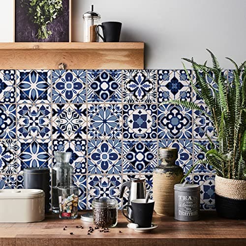 Image of HORIWE Tile Stickers Vintage Blue Moroccan Wall Decal Sticker Adhesive Tile Art DIY Kitchen Bathroom Backsplash Floor Home Decor PVC Waterproof Oil Proof New 8x8 Inches 24pc