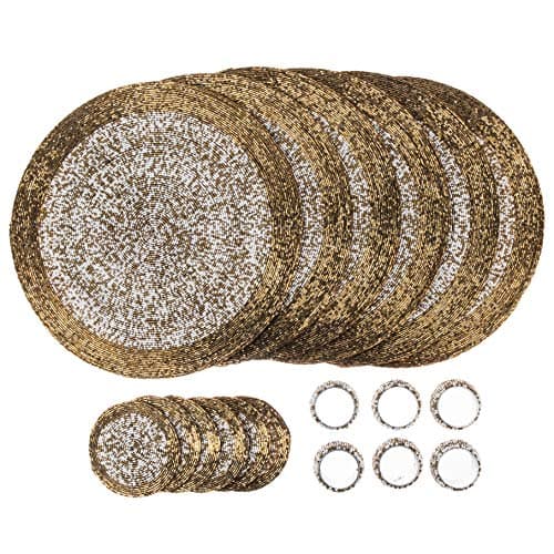 Image of Penguin Home Handcrafted Glass Beaded Round Placemats, Coasters & Napkin Rings Set of 18 - Handmade Table Place Mats for Dining - 32 cm (13") Diameter (Gold and White)
