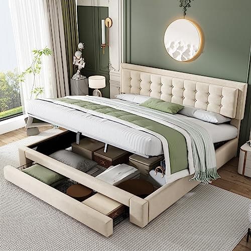 Image of Upholstered King Size Bed 150 x 200cm, Ottoman Storage Bed with Hydraulic Lever and Drawer, Large Storage Space, Velvet Fabric Ottoman Lift Up 5FT King Size Bed Frame, No Mattress (Cream, 150 x 200cm)