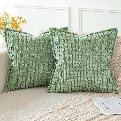 Image of Artscope Sage Green Cushion Covers Set of 2 Corduroy Decorative Square Striped Pillowcase with Stitched Edge Pillow Covers 60x60cm for Home Decor Sofa Bedroom Car