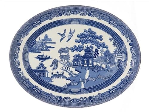 Image of AuraHome Blue Willow Oval Platter 35cm/13.75" Iconic Elegant Blue-Printed Scene on White Porcelain Depicts Nature & Historical Imagery