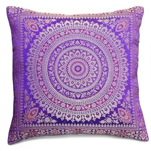 Image of Original Kikan Indian patchwork mandala sari ethnic silk Banarsi cushion covers mandala 16"x16" (Purple)