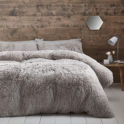 Image of Catherine Lansfield Cuddly Deep Pile Faux Fur Double Duvet Cover Set with Pillowcases Silver Grey