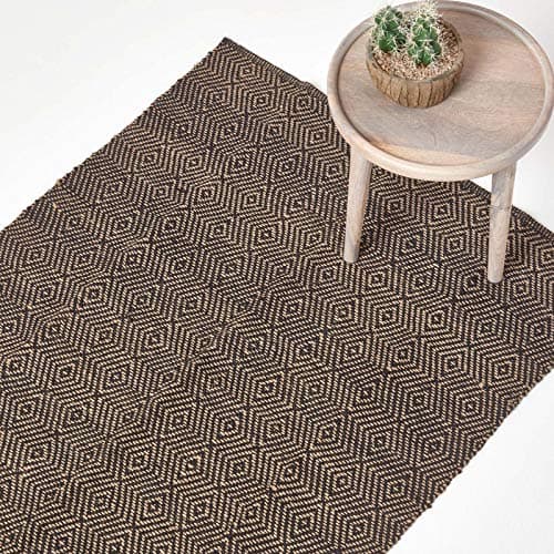 Image of HOMESCAPES Small Modern Jute Rug Black and Natural Diamond Geometric Aztec Design 60 cm x 100 cm (2ft x 3ft) Heavy Duty Suitable for Halls, Living Rooms or Conservatories