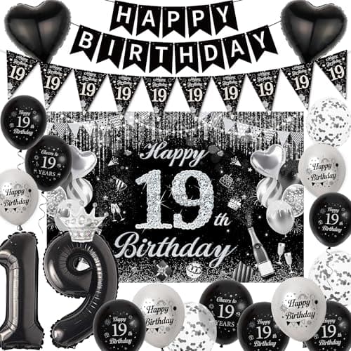 Image of 19th Birthday Decorations Balloons Banner - Black Silver Backdrop Decoration Set with Pennants, Happy Birthday Banner, Foil Balloon and Latex Balloons for 19 Years Old Party Supplies