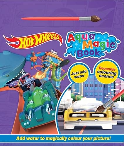 Image of Hot Wheels Aqua Magic Water Painting Book Mess Free Colouring Activity Set with Brush – Reusable Magic Paint with Water Pages, 5 Scenes, 26.5 x 23cm Kids Creative Art Toy Gift for Boys Car Fans