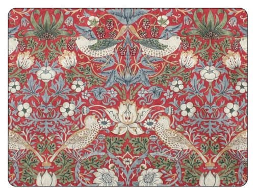 Image of Pimpernel x Spode Morris & Co. Set of 6 Placemats for Table - Strawberry Thief Red Table Mats, Cork-Backed with Heat Resistance and Stain Protection