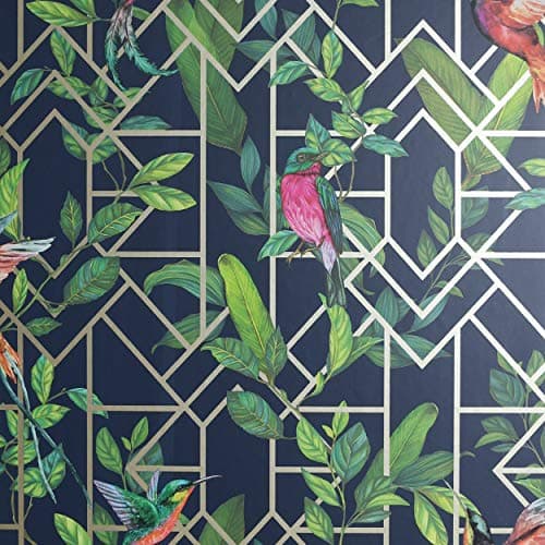 Image of Arthouse Deco Tropical Navy & Gold Wallpaper for Living Spaces & Feature Walls, 53 cm x 10.05 m Roll, 908003