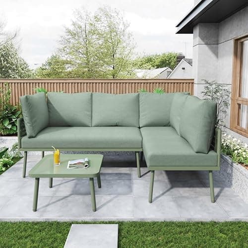 Image of BTM 4 Seater L-Shaped Garden Corner Sofa with Glass Tabletop Coffee Table, Green Metal Frame & Green Cushions