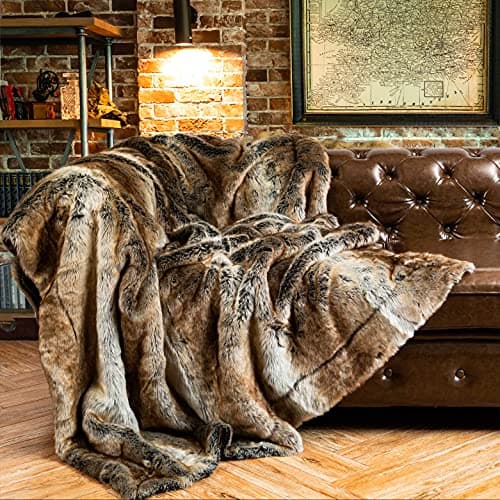 Image of BATTILO HOME Luxury Brown Faux Fur Blanket Thick Warm Elegant Cozy Fuzzy Throw for Couch, Bed, Sofa Fluffy Blankets Decorative Reversible to Plush Velvet, 50"x60"