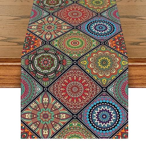 Image of Artoid Mode Boho Vintage Geometric Moroccan Colourful Mandala Table Runner, Kitchen Dining Table Decoration for Home Party Decor 40x180 cm