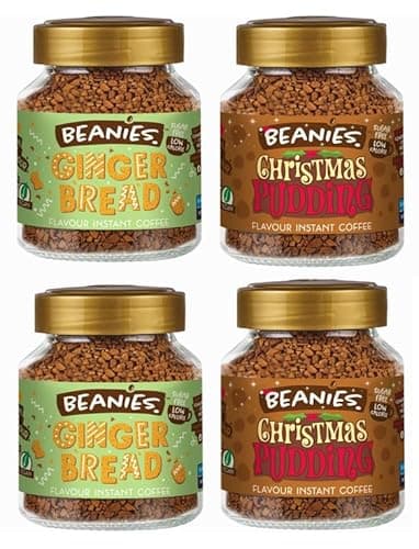 Image of Beanies Christmas Collection Flavoured Instant Coffee Variety Pack 200g (4 x 50g Jars) – Includes Christmas Pudding & Gingerbread – Sugar Free, Low Calorie, Vegan & Gluten Free - Seasonal Favourites