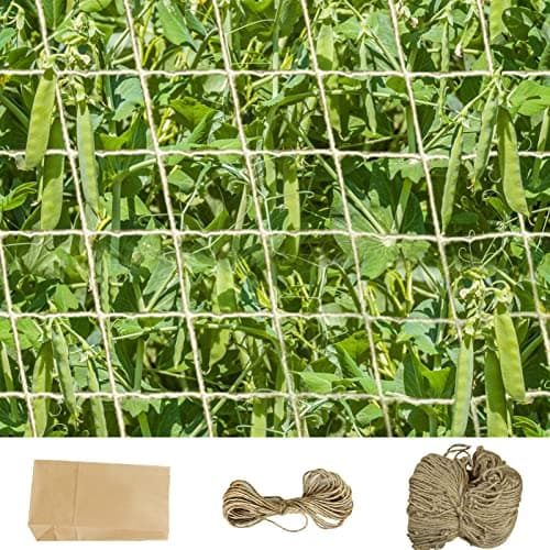 Image of KAZITOO Plant Support Jute Netting for Climbing Plants Sweet Pea Runner Bean, Compostable Natural Netting with 10m Twine for Attaching, Garden Jute Trellis(1mx5m)