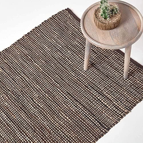 Image of HOMESCAPES Leather Rugs Living Room, Natural Handwoven Madras Leather Hemp Rug, 100% Recycled & Planet Friendly, Large Brown Carpet for Bedroom, Hallway & Kitchen, 120 x 180cm