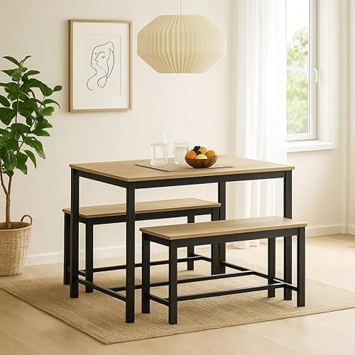 Image of URBNLIVING 3-Piece Dining Table Set – Wooden Table with Sturdy Metal Frame & 2 Benches – Space-Saving Furniture for Kitchen, Dining Room, or Living Area - Oak