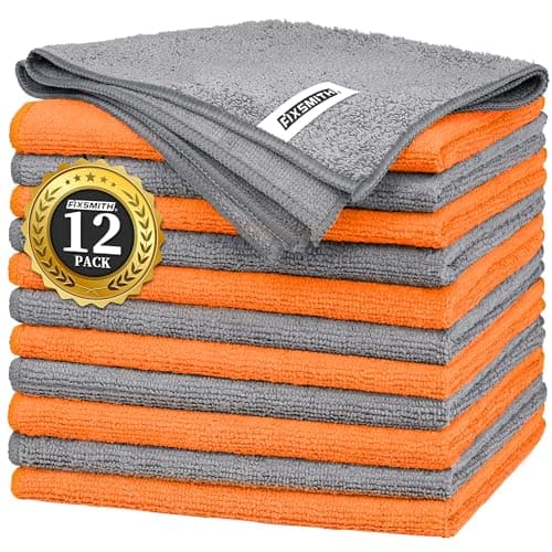 Image of FIXSMITH Microfibre Cleaning Cloth -Pack of 12, Highly Absorbent Cleaning Rags(Grey&Orange), 16"X12" All Purpose Cleaning Towels for Housekeeping, Kitchen, Car, Reusable Microfiber Towels