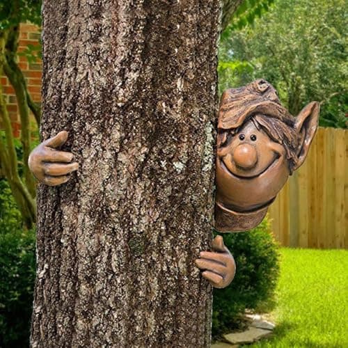 Image of Garden Mile® Novelty Elf Tree Peeker Hugger Faces Resin Garden Ornaments Sculptures Fairy Garden Gnome Tree Lawn Yard Art Home Outdoor Decoration Weatherproof