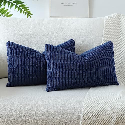 Image of JOTOM Set of 2 Corduroy Soft Striped Cushion Covers 30x50 cm Boho Decorative Throw Pillow Covers Lumbar Cushion Case Couch Home Decor Pillowcases for Sofa Bedroom 12x20 Inch (Navy Blue)