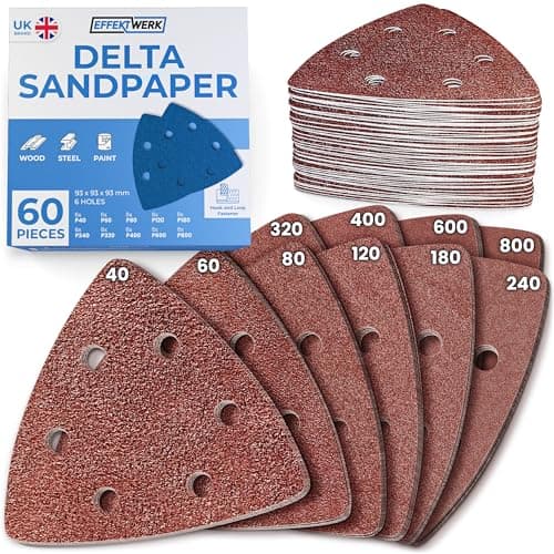 Image of Effektwerk Delta Sandpapers (60 Pack, 6 Holes), 93mm Triangular Sanding Pads for Mouse Sanders, Self-Adhesive w/Hook & Loop Closure, Fine & Coarse Sanding w/ 40, 60, 80, 120, 180, 240 Grits