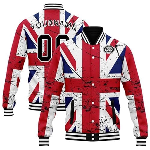 Image of AWSOLE Custom UK Flag Varsity Jackets Personalized England patriot Jacket with Your Team Name Image Logo Fashion Outerwear