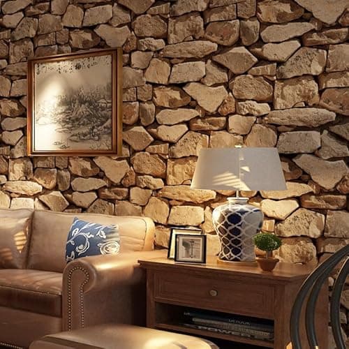 Image of Snewvie 3D Stone Brick Effect Wallpaper Brown Stereo Imitation Texture Wall Paper Rustic Retro Decoration for Bedroom Living Room Restaurant Cafe Fireplace,950 * 53cm