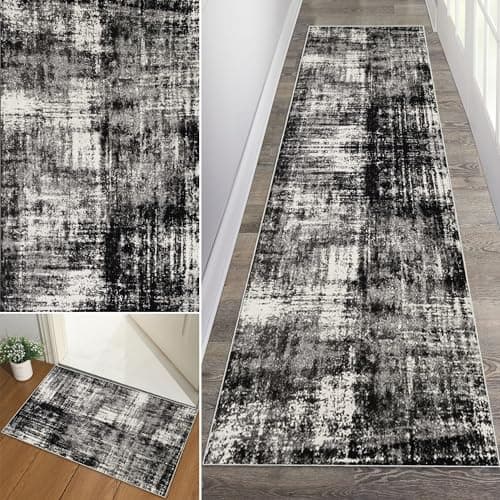 Image of Baoeray Rug Runner Hallway 50 x 150 cm Abstract Black and White Kitchen Rug Runner Non-Slip Washable Hallway Rug Runner Long Fur Corridor Living Room Bedroom Adjustable Size