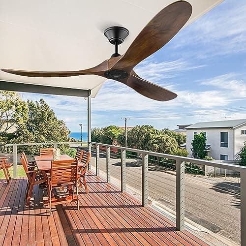 Image of Uaikiea 60Inch Ceiling Fan without Light, 3 Wood Blade 6 Speed Quiet Reversible DC Motor Ceiling fan with Remote Control, Large Indoor Outdoor Ceiling Fans for Patios Bedroom Living Room Farmhouse