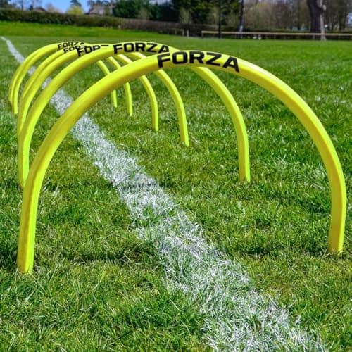 Image of FORZA Football Training Passing Arcs | Set of 5 or 10 High-Tensile Plastic Arcs with Ground Spikes Passing, Dribbling & Agility Training Equipment (5, Yellow)