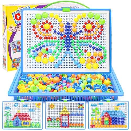 Image of Elezeal 380 pcs Mushroom Nails Pegboard Creative Puzzle Blocks Mix Colourful Building Bricks Educational DIY Mosaic Toys for Kids Toddlers Birthday Gift for Boys Girls