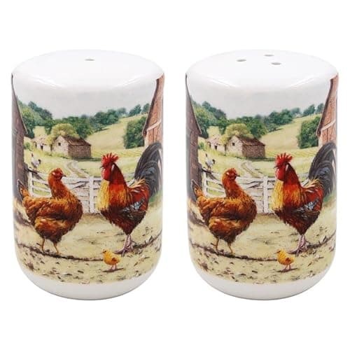 Image of The Leonardo Collection Cockerel & Hen Salt & Pepper By Macneil Studios | Hand-Painted Ceramic Set | Whimsical Cockerel & Hen Design | Perfect for Farmhouse Décor
