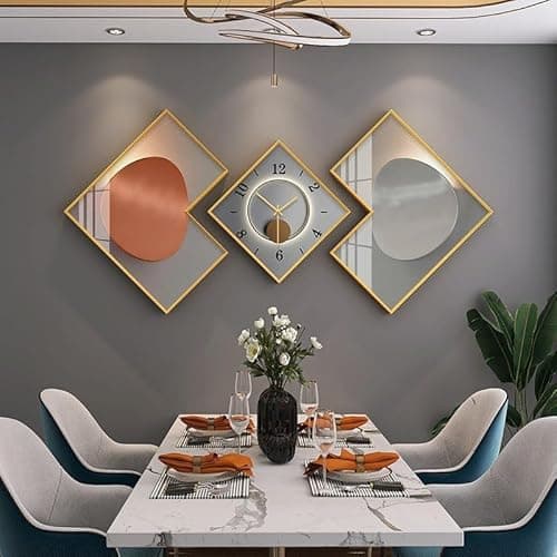 Image of SYLUOQP 3-Piece Modern Geometric Wall Clock Set, Canvas Painting Wall Clocks Gold Frame Canvas Art for Living Room, Bedroom & Dining Room,3
