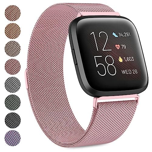 Image of Compatible With Fitbit Versa/Versa 2 for Women Men, Breathable Stainless Steel Mesh Loop Adjustable Wristband Replacement Metal Strap (Rose Pink, Small)