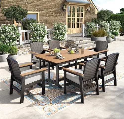 Image of PHI VILLA 7 Pieces Garden Table and Chairs, Rattan Outdoor Furniture Set for 6 with 1 E-coating Rectangular Table and 6 Heavy Duty Chairs, Patio Dining Set with Thickened 8 cm Cushions