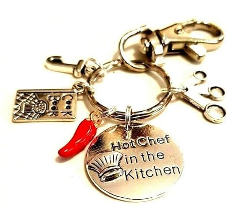 Image of Personalised Chef Keychain,'Hot Chef in The Kitchen' Red Chilli Keyring, Cook Bag Charm, Cooking Keyring, Cook Book Bag Charm, Baker Keyring