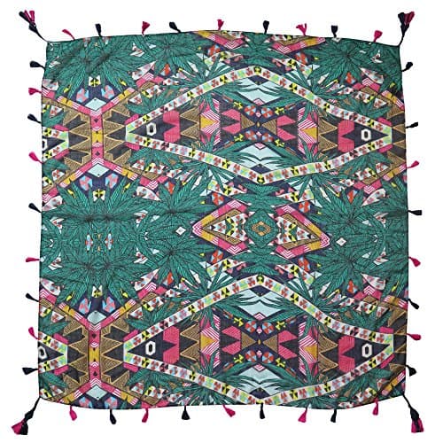 Image of Lina & Lily Multi-Patterns Flower Geometric Tribal Aztec Paisley Print Square Scarf Shawl with Tassels (Geometric A - green)