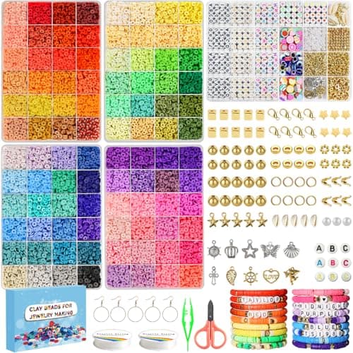 Image of Dazhqp 20000 Clay Beads Bracelet Making Kit, 96 Colours 5 Boxes Flat Polymer Heishi Beads Set for Friendship Jewellery Necklace Earring Making Kit, with Charm Crafts Gifts for Teen Girls Kids Adults