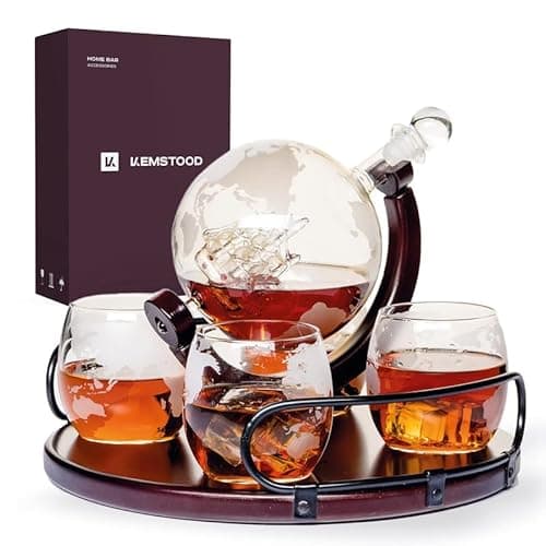 Image of Kemstood Whiskey Decanter and Glass Set (850 ml) - Etched Whiskey Globe Decanter for Liquor, Bourbon, Vodka with 4 Glasses - Whiskey Gift Sets for Men - Christmas Gifts - Home Bar Accessories