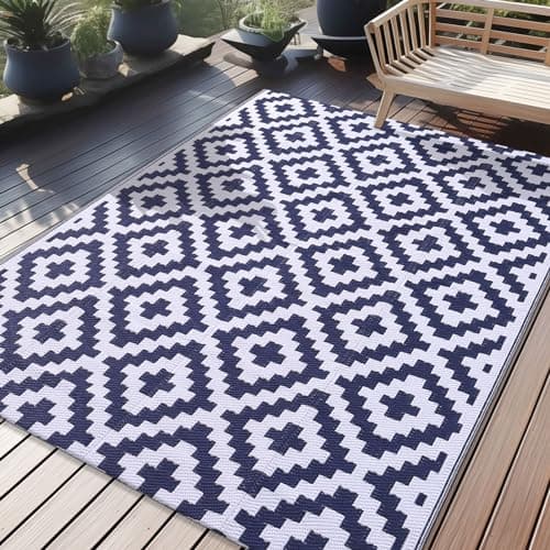 Image of Homaxy Waterproof Outdoor Rug, Anti-slip Reversible Plastic Straw Garden Rugs, Easy Cleaning Carpet Patio Area Rugs for Camping, Deck, Beach, Picnic, Backyard (120 x 180 cm, Navy Blue & White)