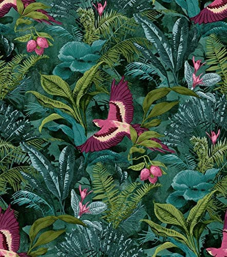 Image of YöL Tropical Rainforest Wallpaper Botanical Floral Birds Jungle Teal Green