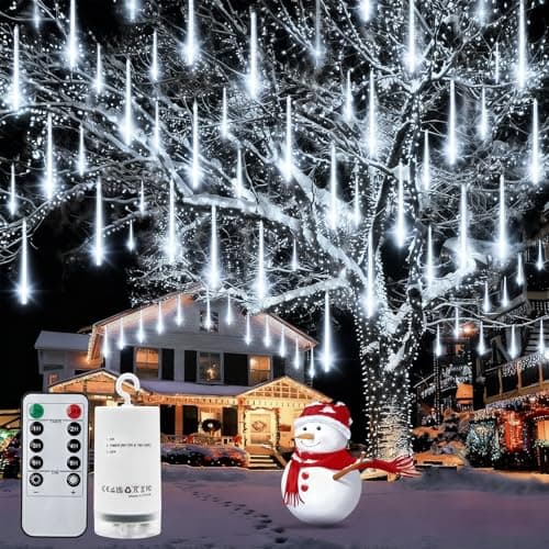Image of CCILAND Meteor Shower Lights Battery Powered, 144 LED Christmas Falling Rain Lights with Remote Timer Waterproof Icicle String Lights for Garden Party Wedding Xmas Decor - Cool White