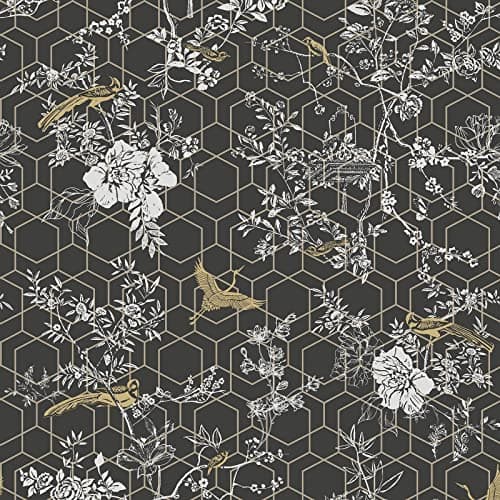 Image of Lipsy Himara Wallpaper - Modern Floral Wallpaper for Living Room, Bedroom, Fireplace - Decorative Nature Luxury Wall Paper with Beautiful Flowers, Birds & Metallic Gold Geometric Print (Charcoal Grey)